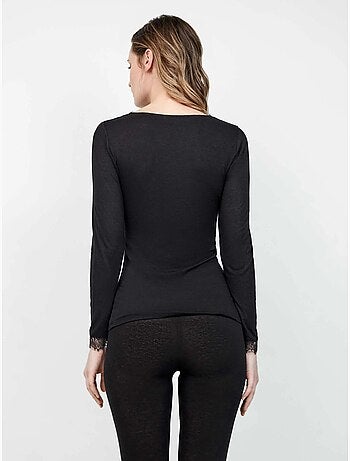 T-shirt thermique légère à col en v avec dentelle au col et poignets