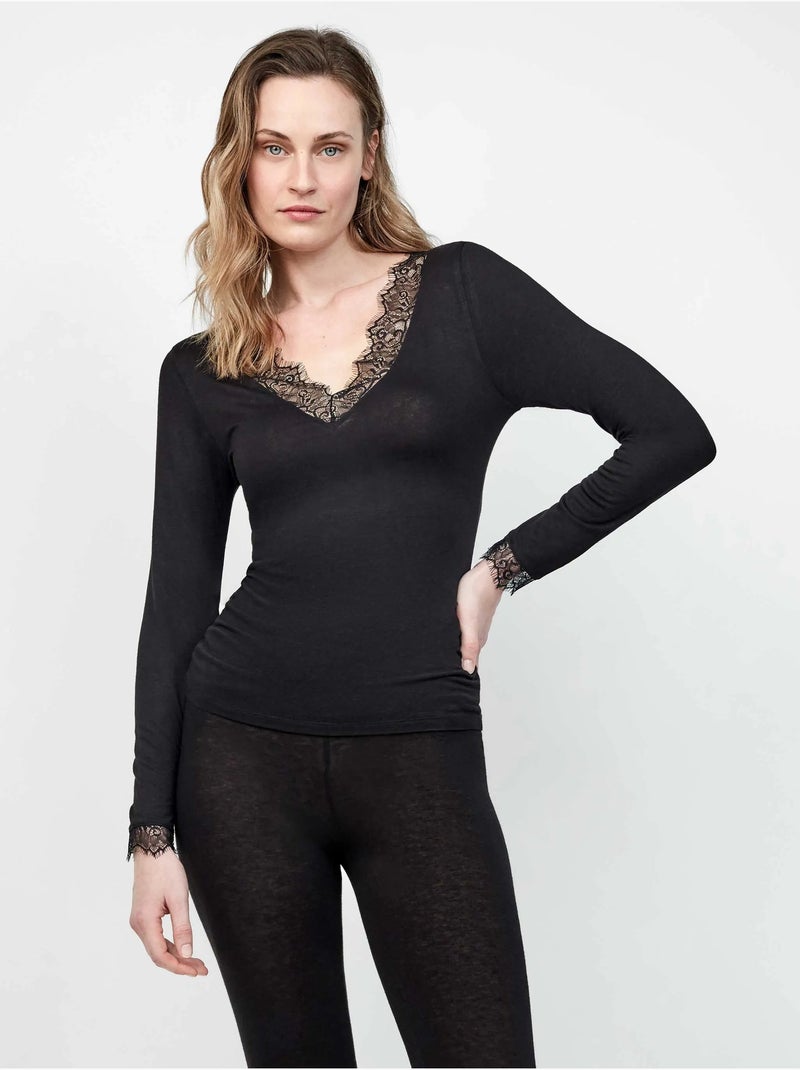 T-shirt thermique légère à col en v avec dentelle au col et poignets Noir - Kiabi