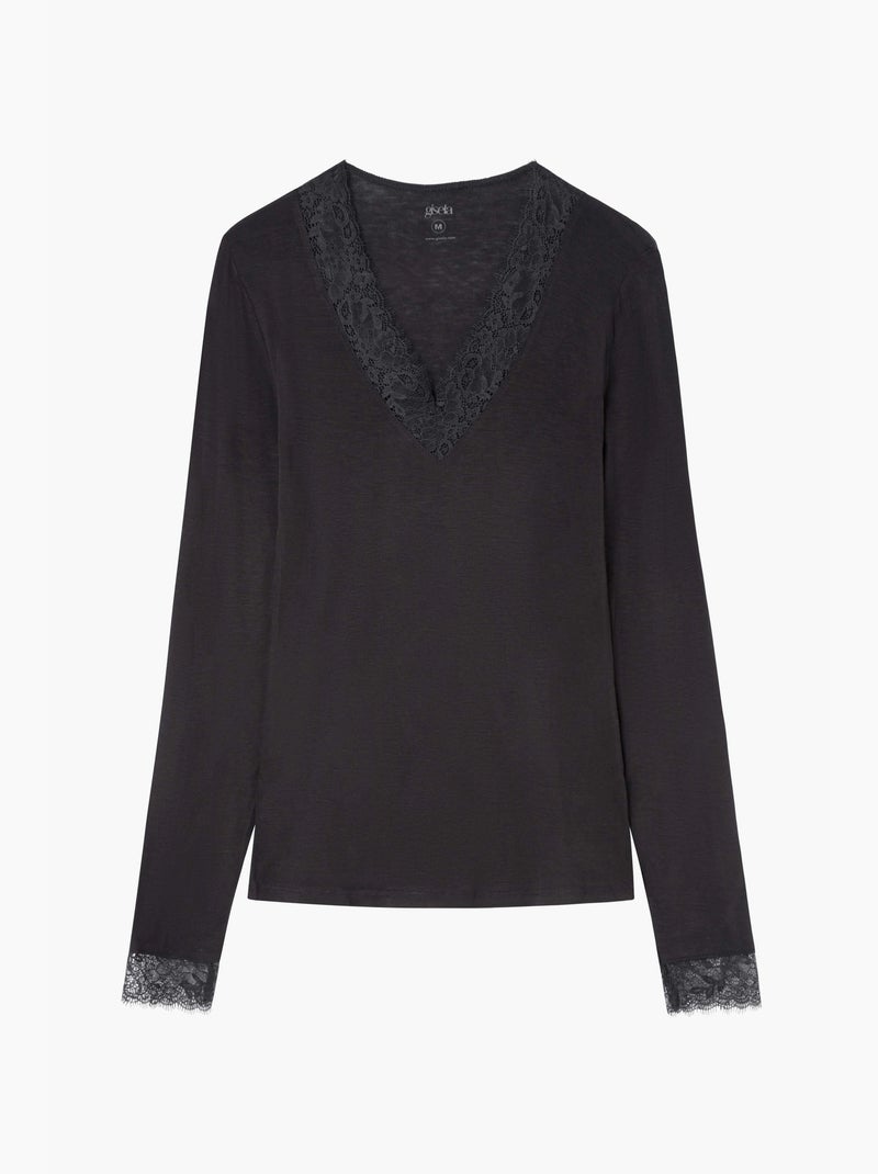 T-shirt thermique légère à col en v avec dentelle au col et poignets Noir - Kiabi