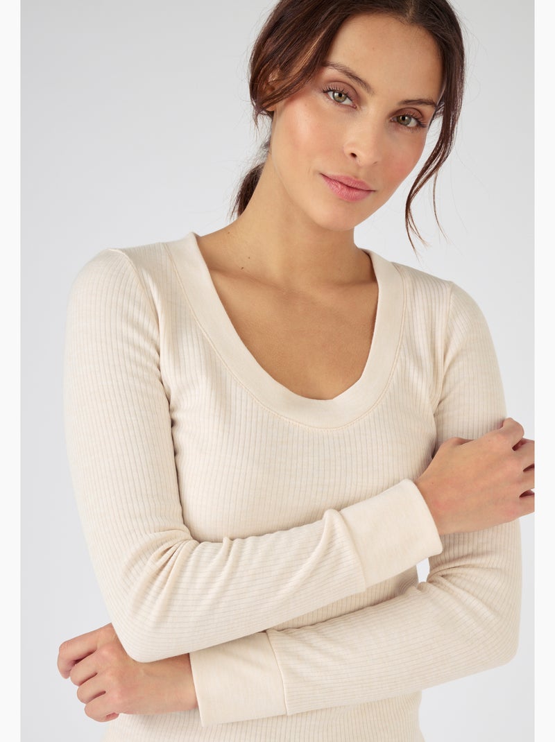 T-shirt Thermolactyl côtes molletonnées, col dégagé thermique - Damart Marron - Kiabi