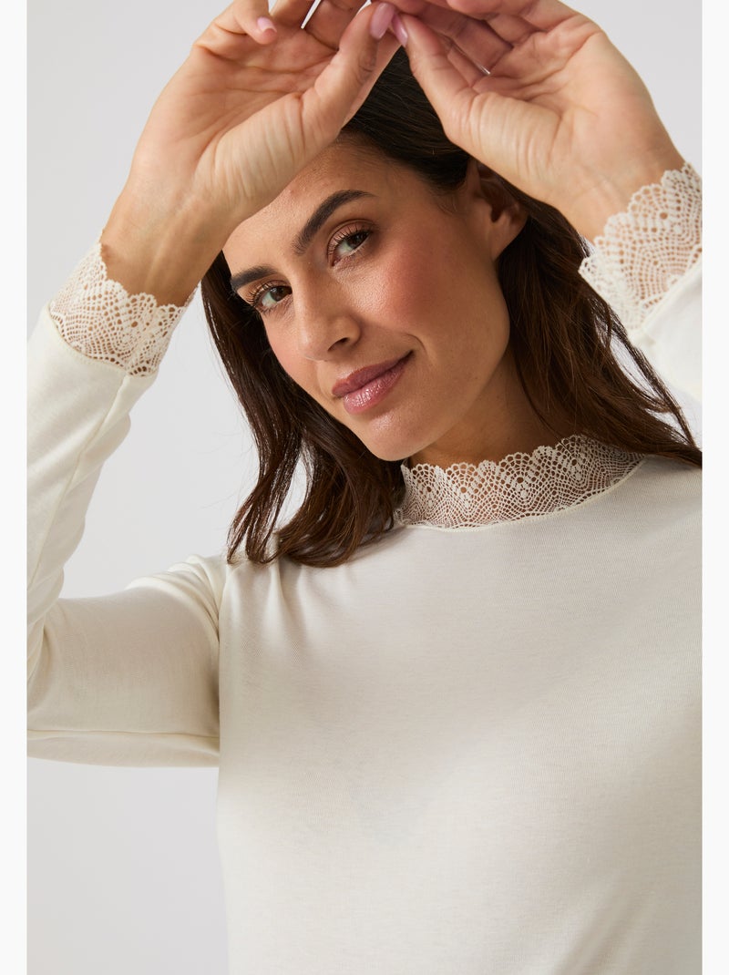 T-shirt Thermolactyl Sensitive col montant dentelle - Damart Blanc - Kiabi