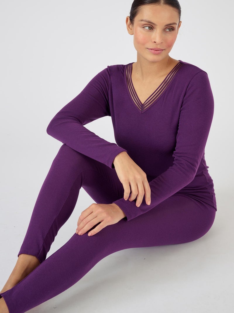 T-shirt Thermolactyl Sensitive col V fantaisie, fine côte  - Damart Violet foncé - Kiabi