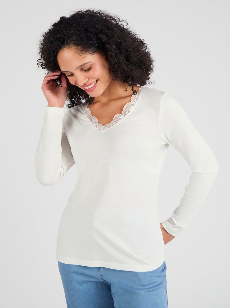 T-shirt Thermol'love dentelle - Damart Blanc cassé - Kiabi