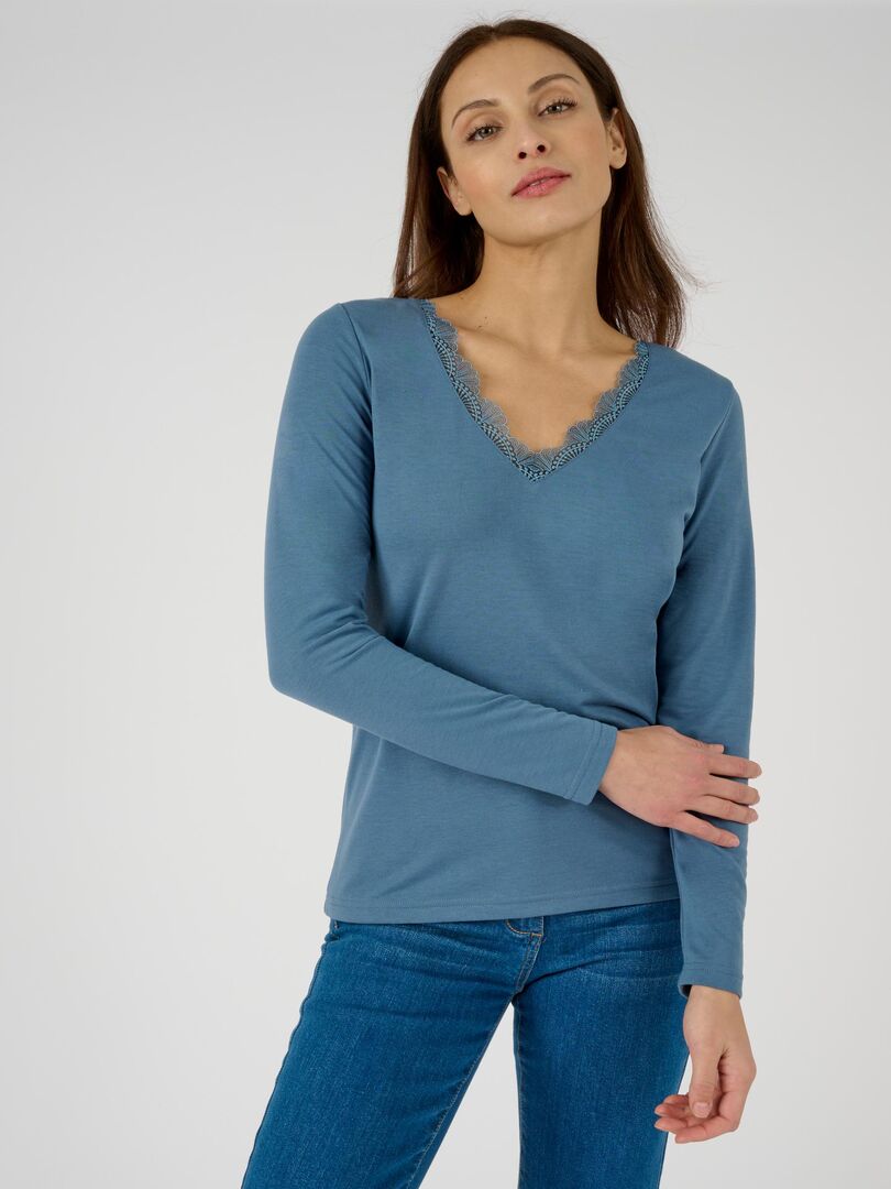 Damart Damen Tee Raye Thermol T-Shirt, Blau (Bleu De Chiné Rayé 58725