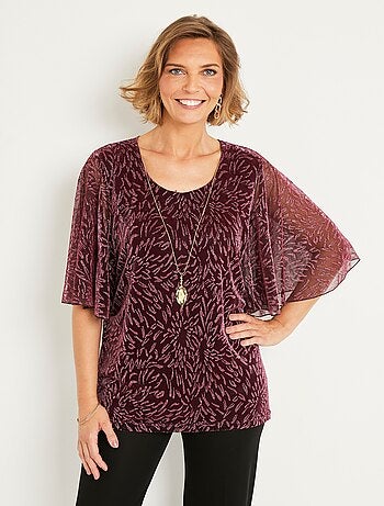 T-shirt top long maille résille imprimée col rond