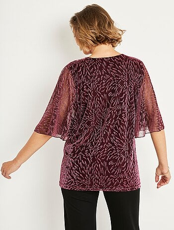 T-shirt top long maille résille imprimée col rond