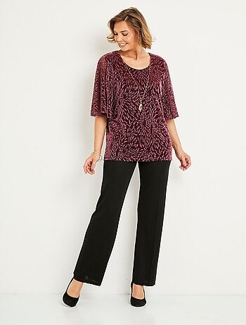 T-shirt top long maille résille imprimée col rond