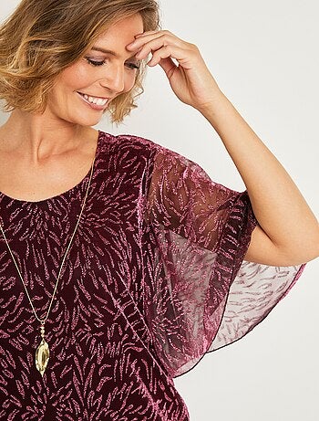 T-shirt top long maille résille imprimée col rond