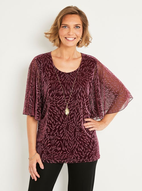 T-shirt top long maille résille imprimée col rond - Kiabi