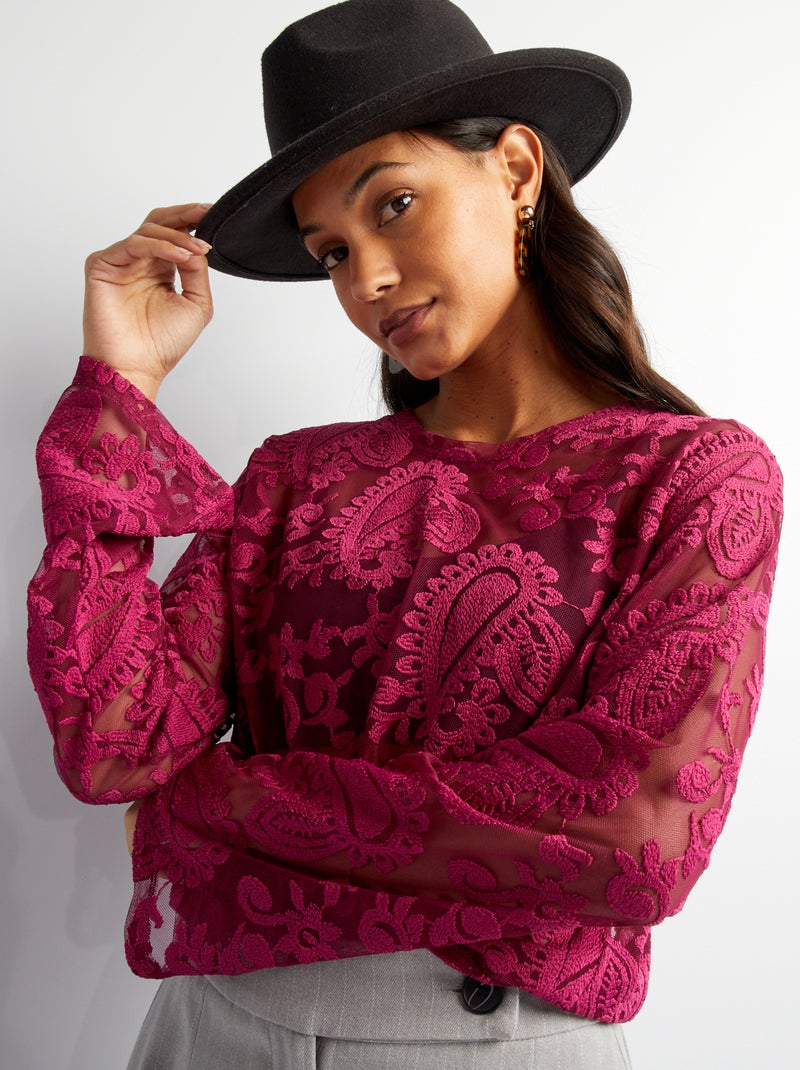 T-shirt transparent avec dentelle et broderie Rose - Kiabi