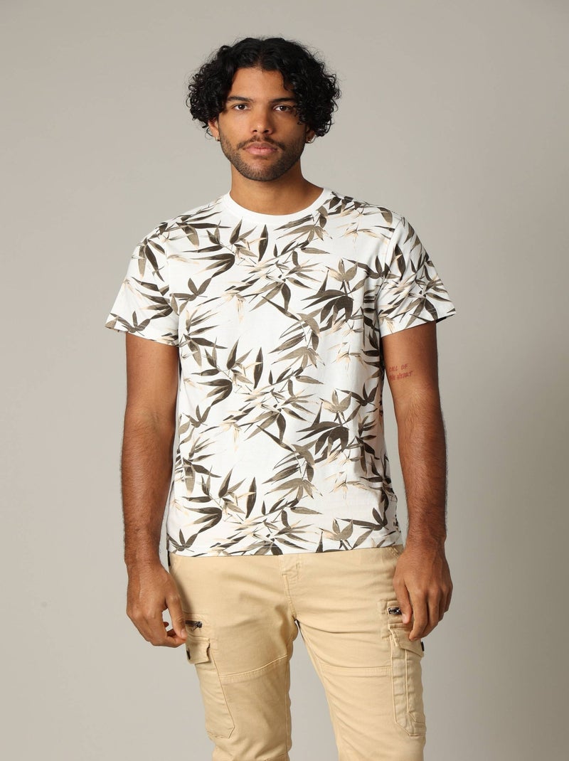 T-shirt tropical en jersey de coton à manches courtes 'Deeluxe' Ecru - Kiabi