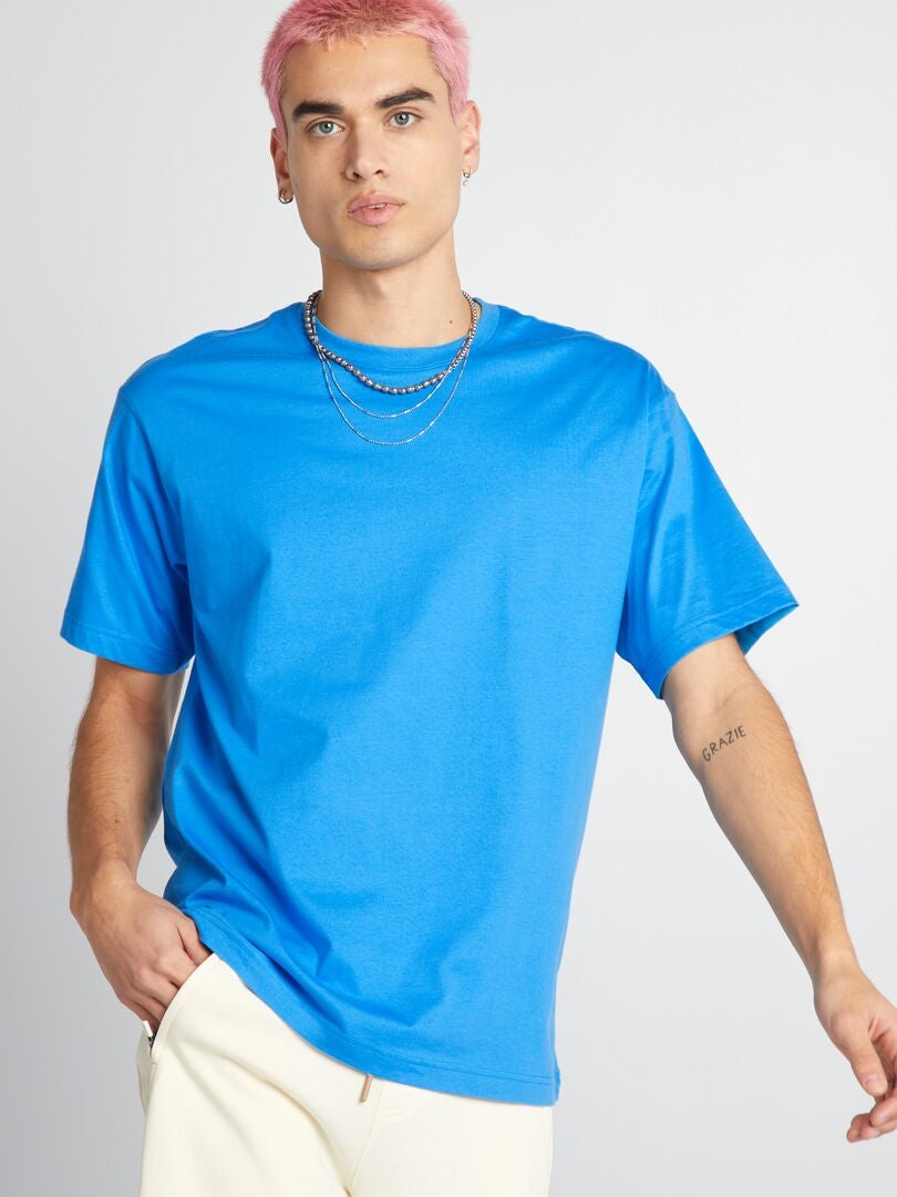 T-shirt uni à col rond Bleu - Kiabi