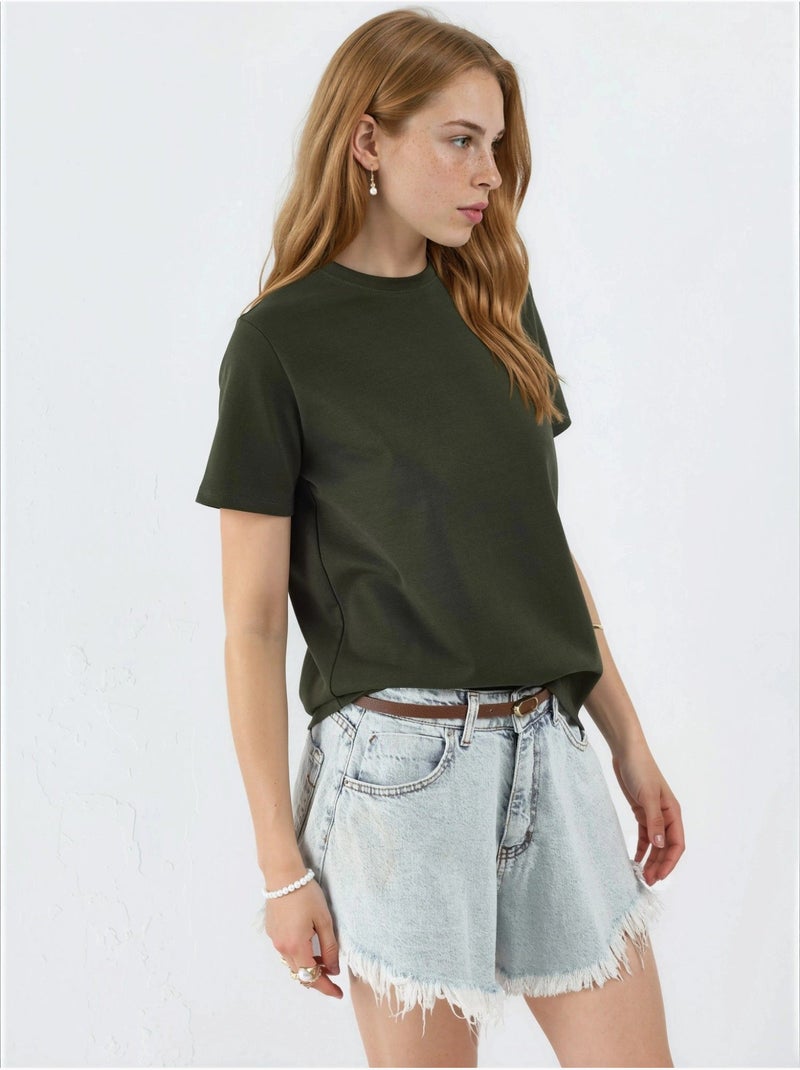 T-shirt uni à col rond busem Kaki - Kiabi