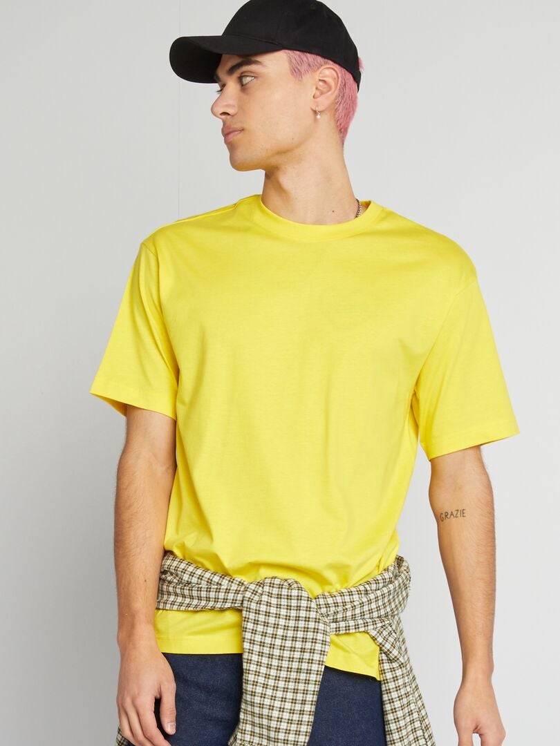 T-shirt uni à col rond jaune - Kiabi
