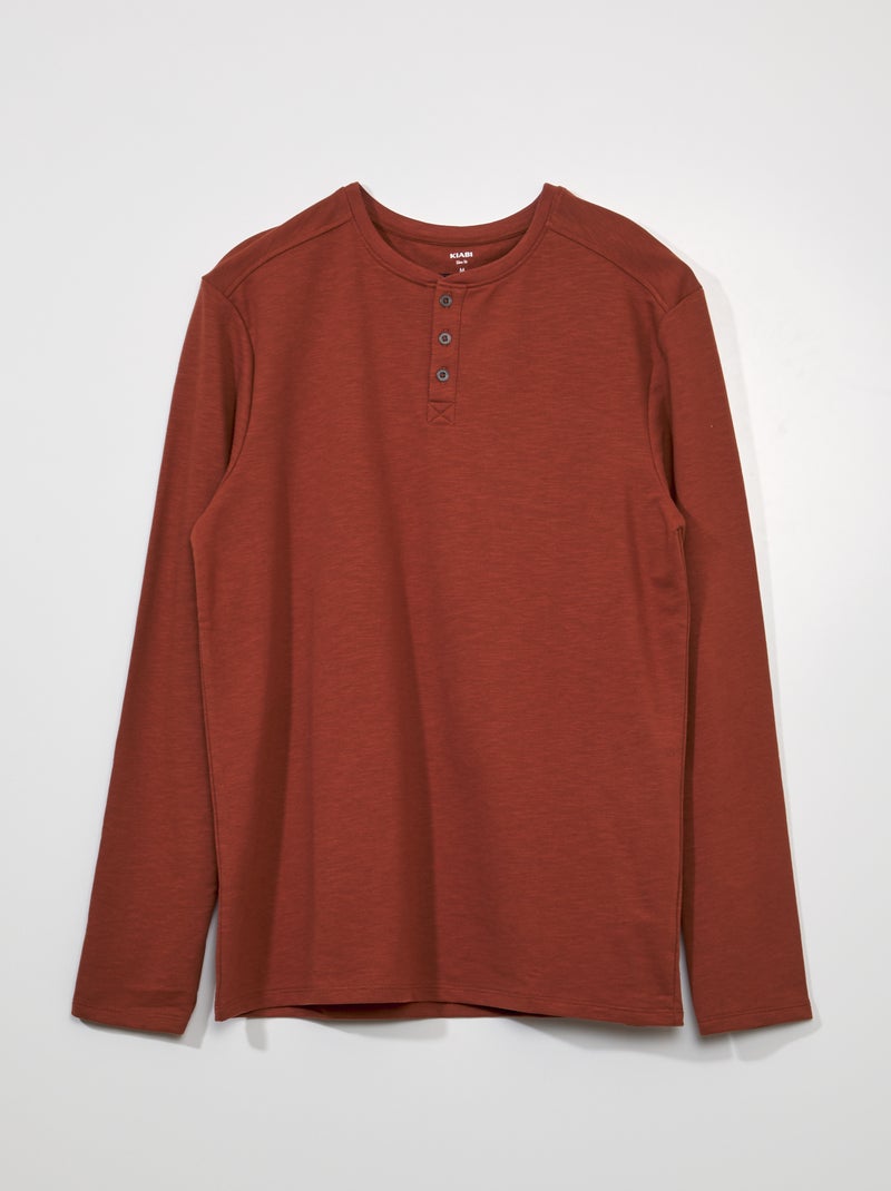 T-shirt uni à col tunisien marron - Kiabi