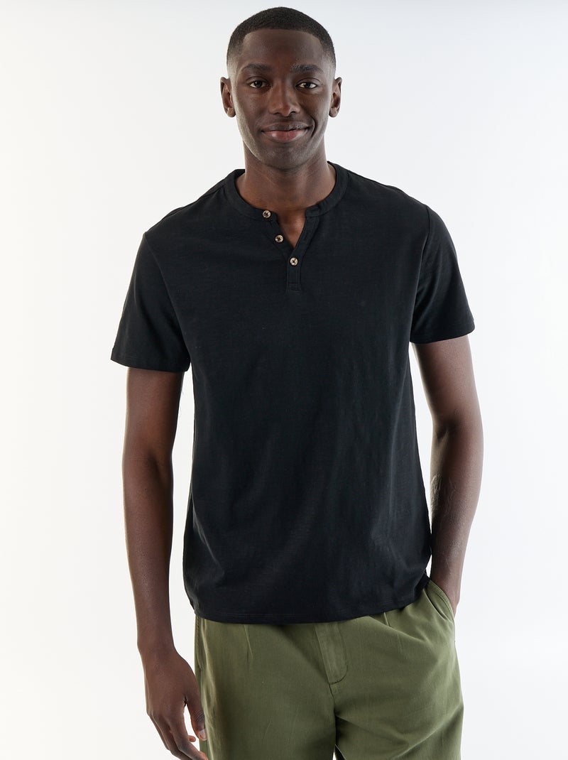 T-shirt uni à col tunisien pour homme Noir - Kiabi
