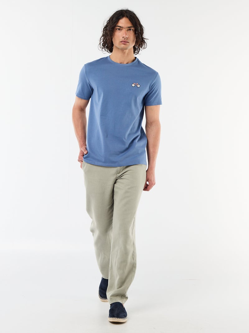 T-shirt uni à manches courtes avec broderie Bleu - Kiabi