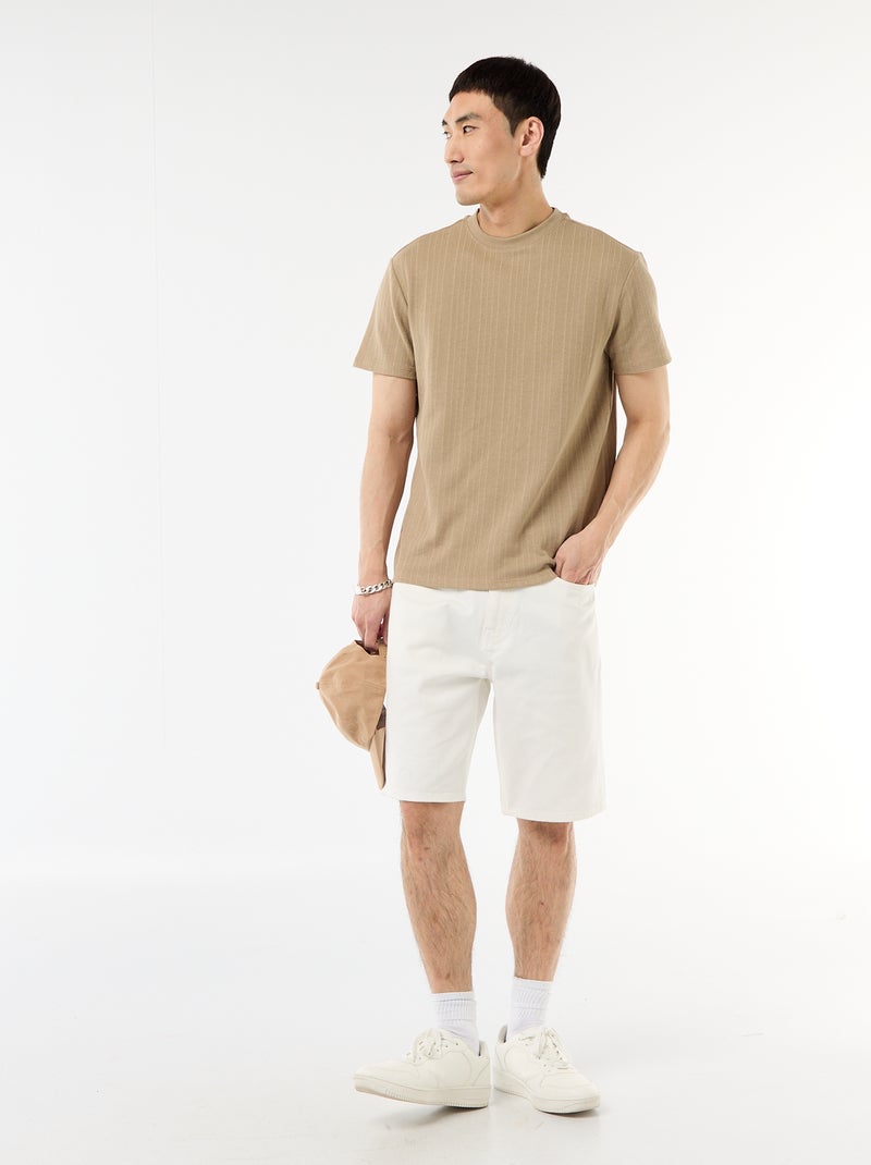 T-shirt uni à manches courtes en maille fantaisie Beige - Kiabi