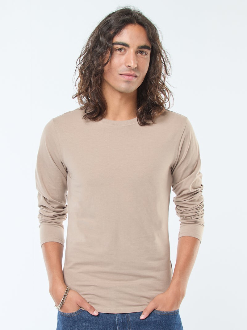 T-shirt uni à manches courtes et col rond Beige - Kiabi