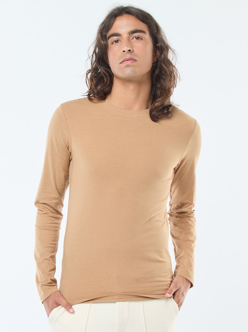 T-shirt uni à manches courtes et col rond Beige - Kiabi