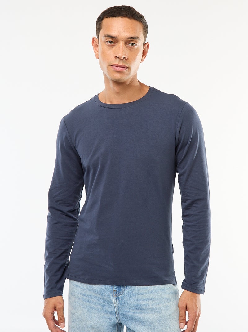 T-shirt uni à manches courtes et col rond Bleu - Kiabi