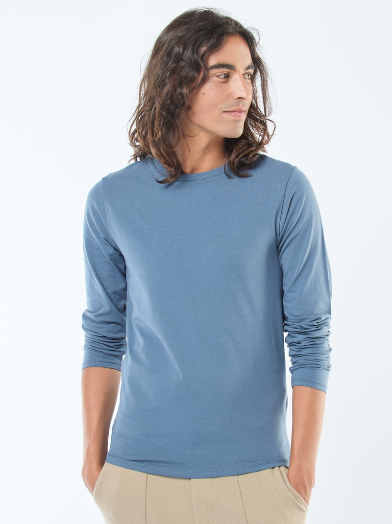 T-shirt uni à manches courtes et col rond Bleu - Kiabi