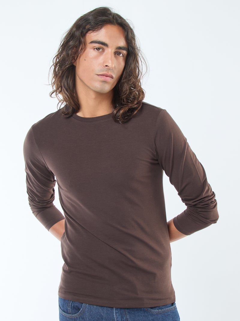 T-shirt uni à manches courtes et col rond Marron - Kiabi