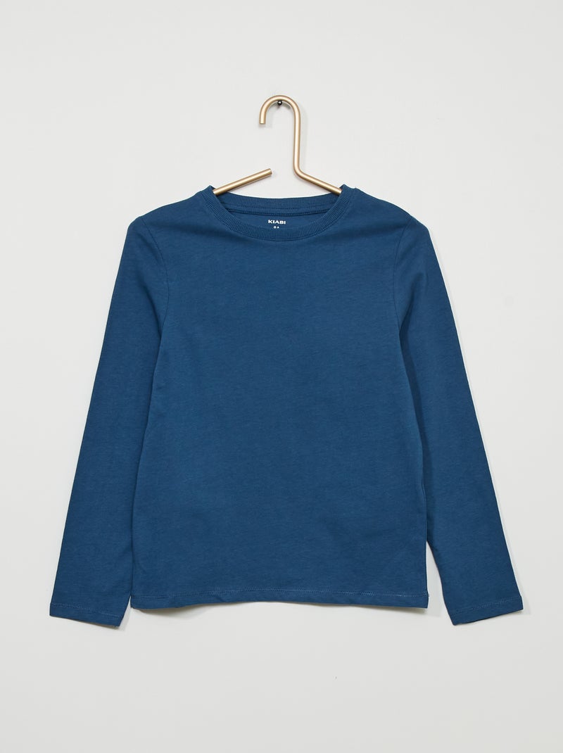 T-shirt uni à manches longues bleu foncé - Kiabi