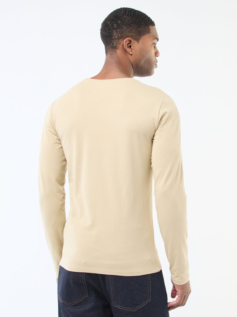 T-shirt uni à manches longues et col rond Beige - Kiabi