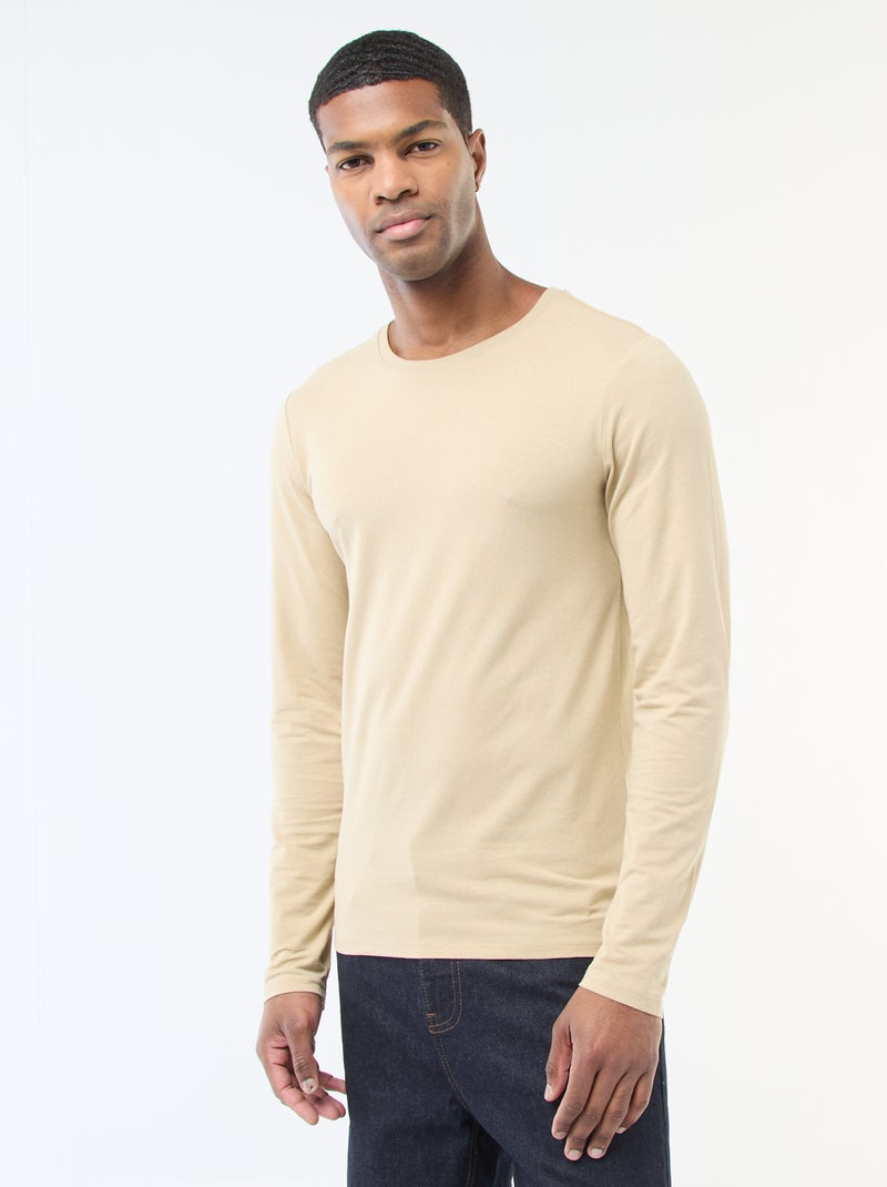 T-shirt uni à manches longues et col rond Beige - Kiabi