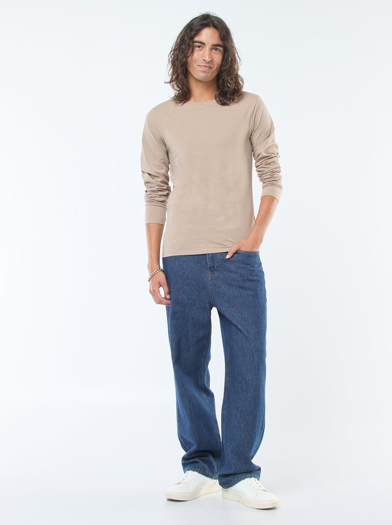 T-shirt uni à manches longues et col rond Beige - Kiabi