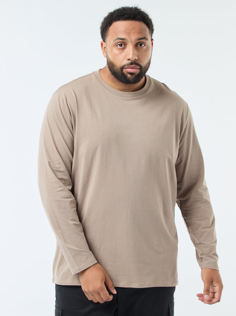 T-shirt uni à manches longues et col rond - Beige - Grandes tailles