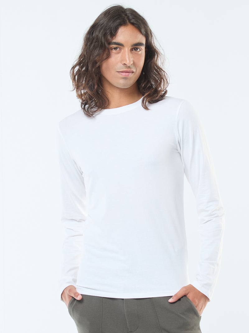 T-shirt uni à manches longues et col rond Blanc - Kiabi