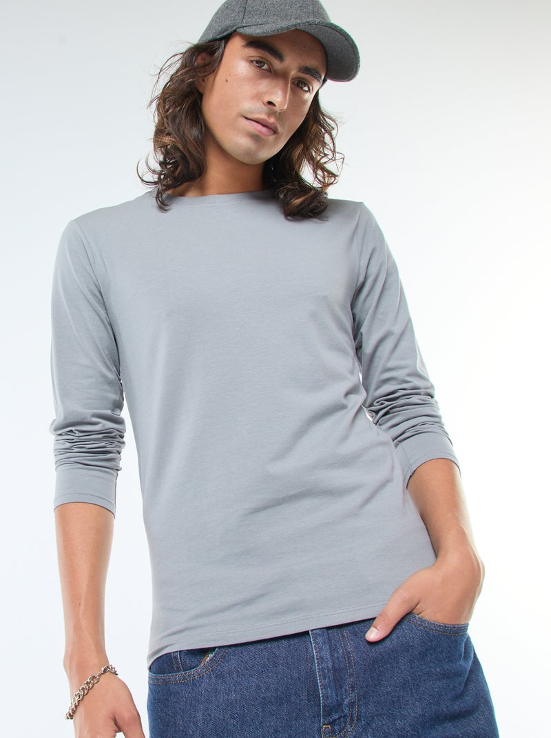 T-shirt uni à manches longues et col rond Gris - Kiabi