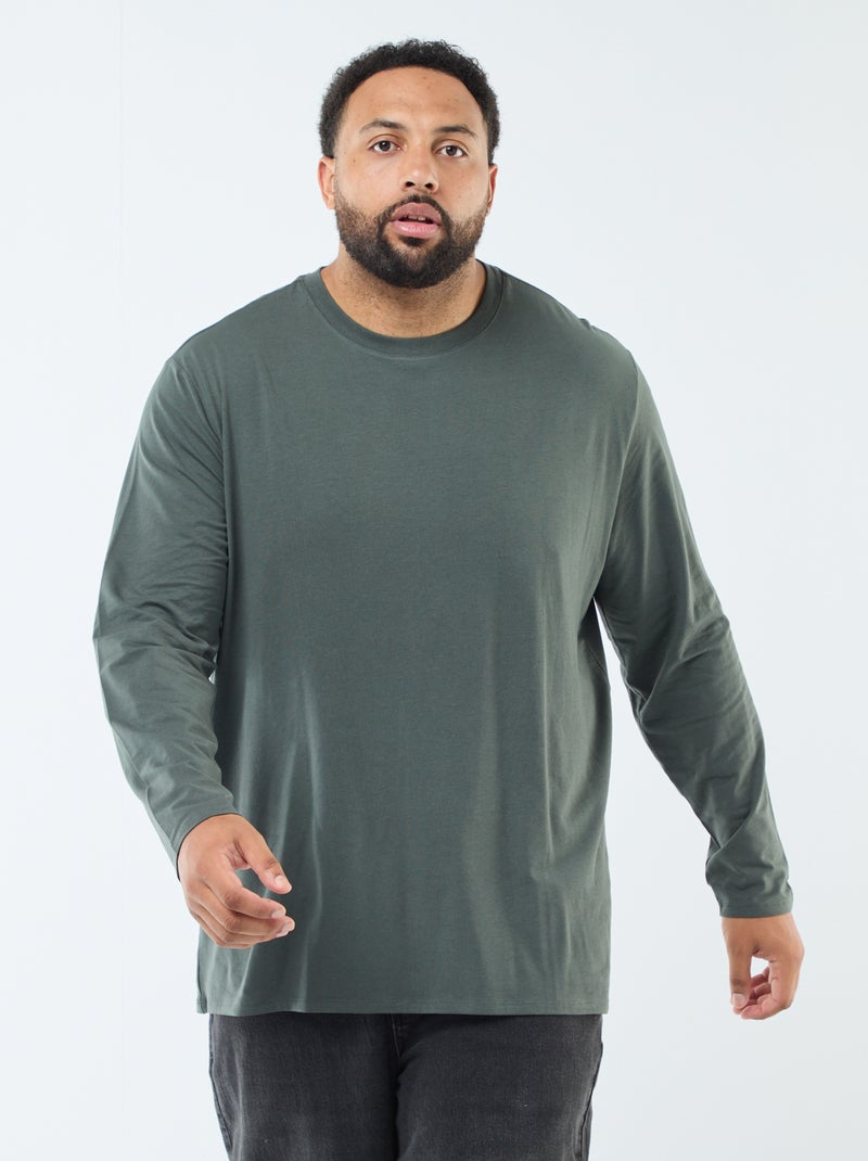 T-shirt uni à manches longues et col rond - Kaki - Grandes tailles