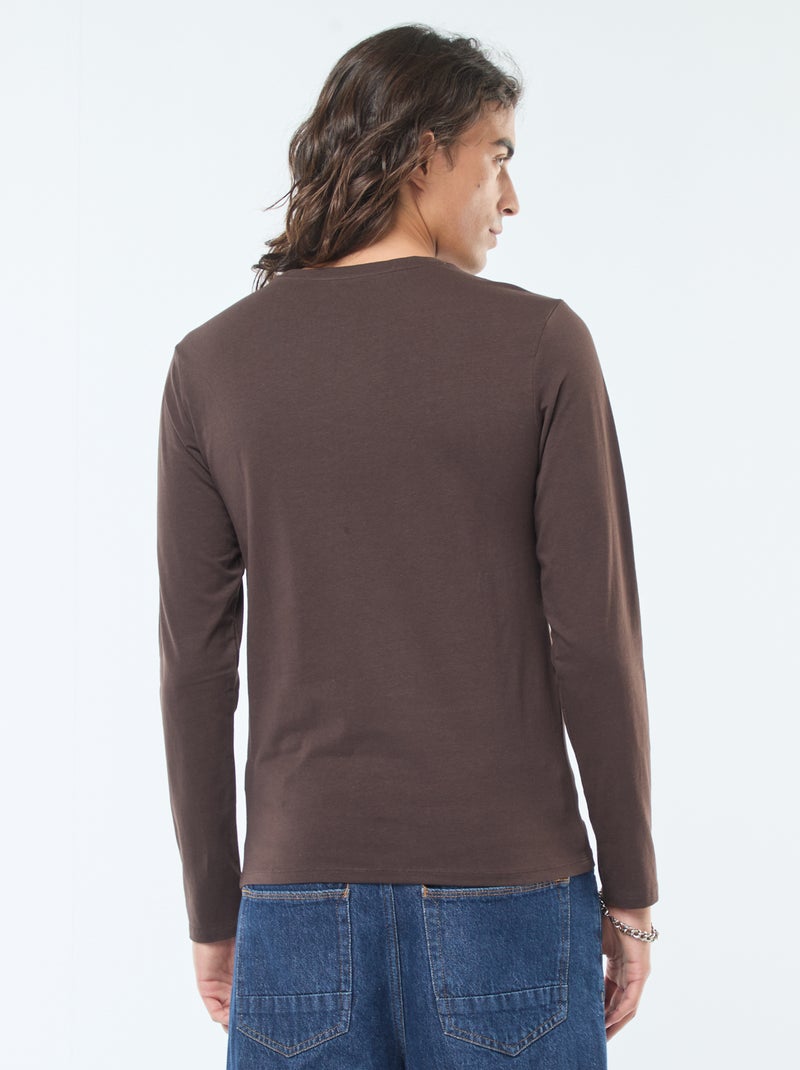 T-shirt uni à manches longues et col rond Marron - Kiabi