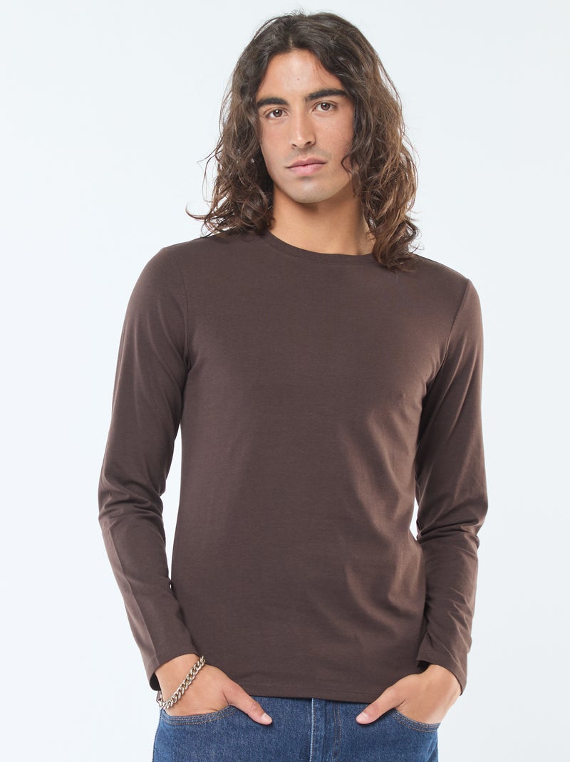 T-shirt uni à manches longues et col rond Marron - Kiabi