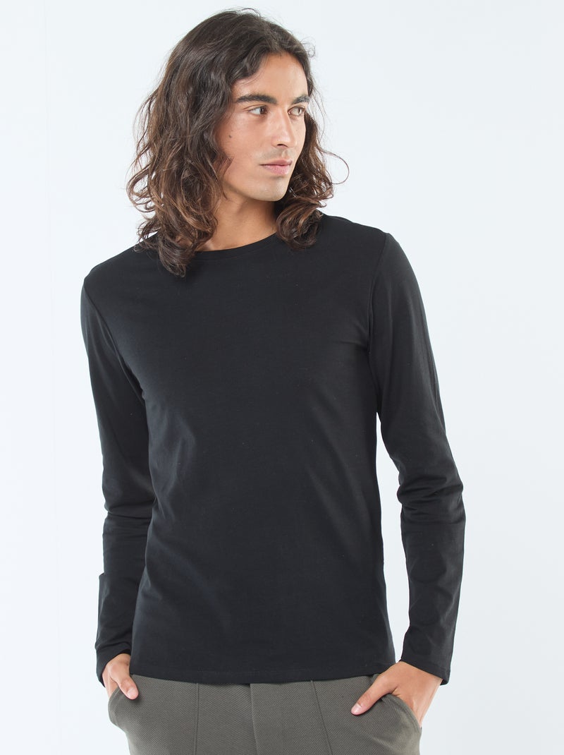 T-shirt uni à manches longues et col rond Noir - Kiabi