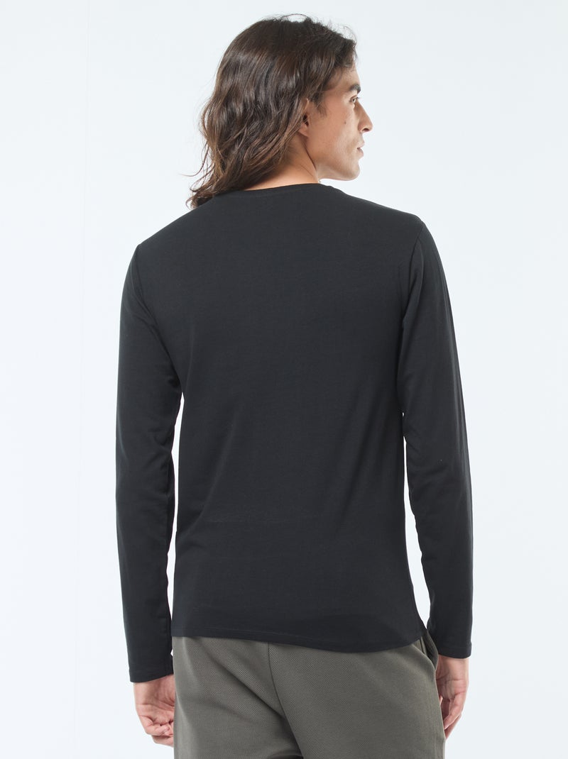 T-shirt uni à manches longues et col rond Noir - Kiabi