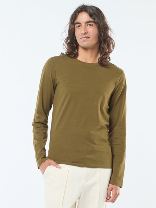 T-shirt uni à manches longues et col rond - Kiabi