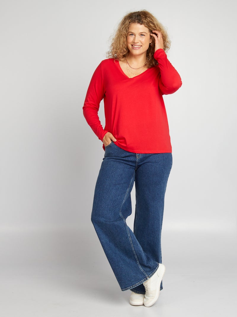 T-shirt uni à manches longues Rouge - Kiabi