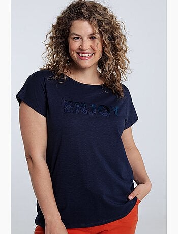 T-shirt uni avec broderie Enjoy et sequins