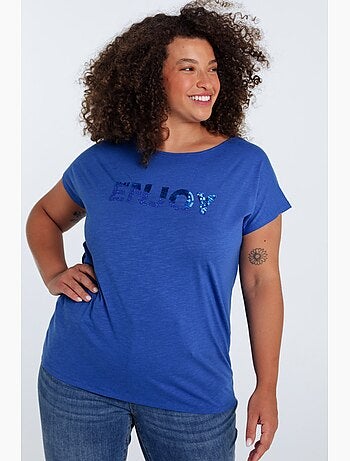 T-shirt uni avec broderie Enjoy et sequins