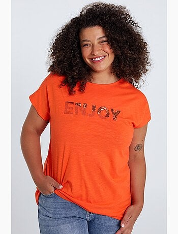 T-shirt uni avec broderie Enjoy et sequins