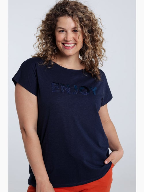 T-shirt uni avec broderie Enjoy et sequins PAPRIKA - Kiabi