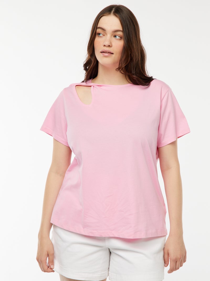 T-shirt uni avec fente ajourée avec effet twxité Rose - Kiabi