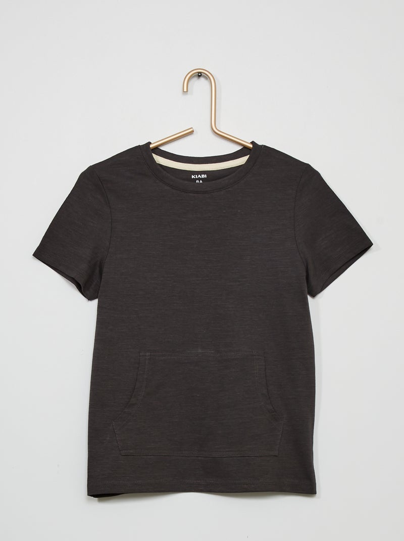 T-shirt uni avec poche kangourou gris foncé - Kiabi