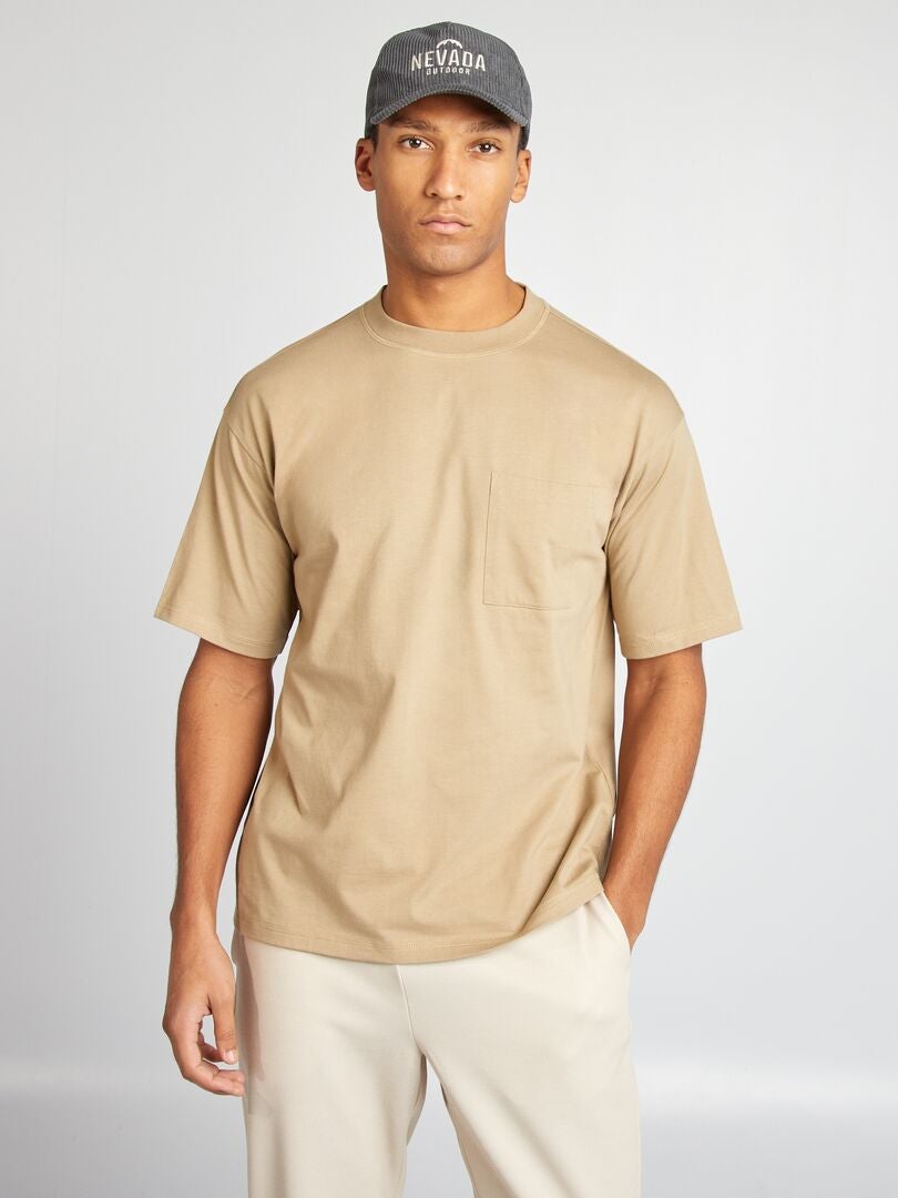 T-shirt uni avec poche poitrine Beige - Kiabi