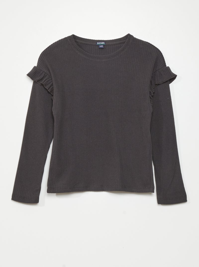 T-shirt uni avec volants aux épaules Gris - Kiabi