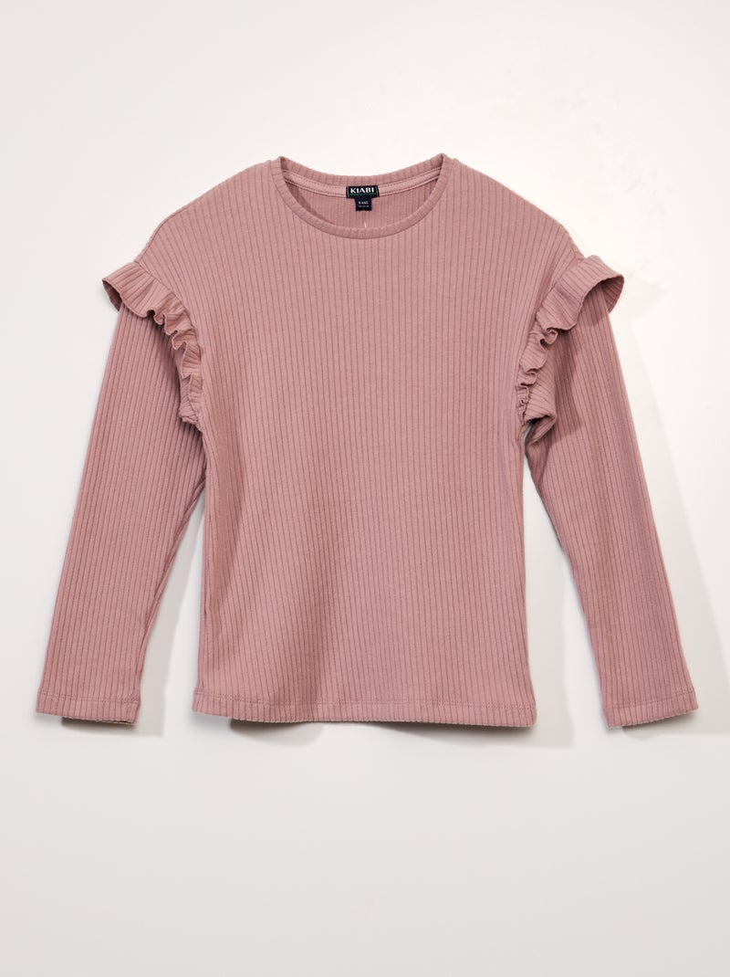 T-shirt uni avec volants aux épaules Rose - Kiabi